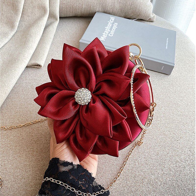 Red Flower Clutch Purse Women Round Bag Handbag Chain Shoulder Bags 15*15*5 CM
