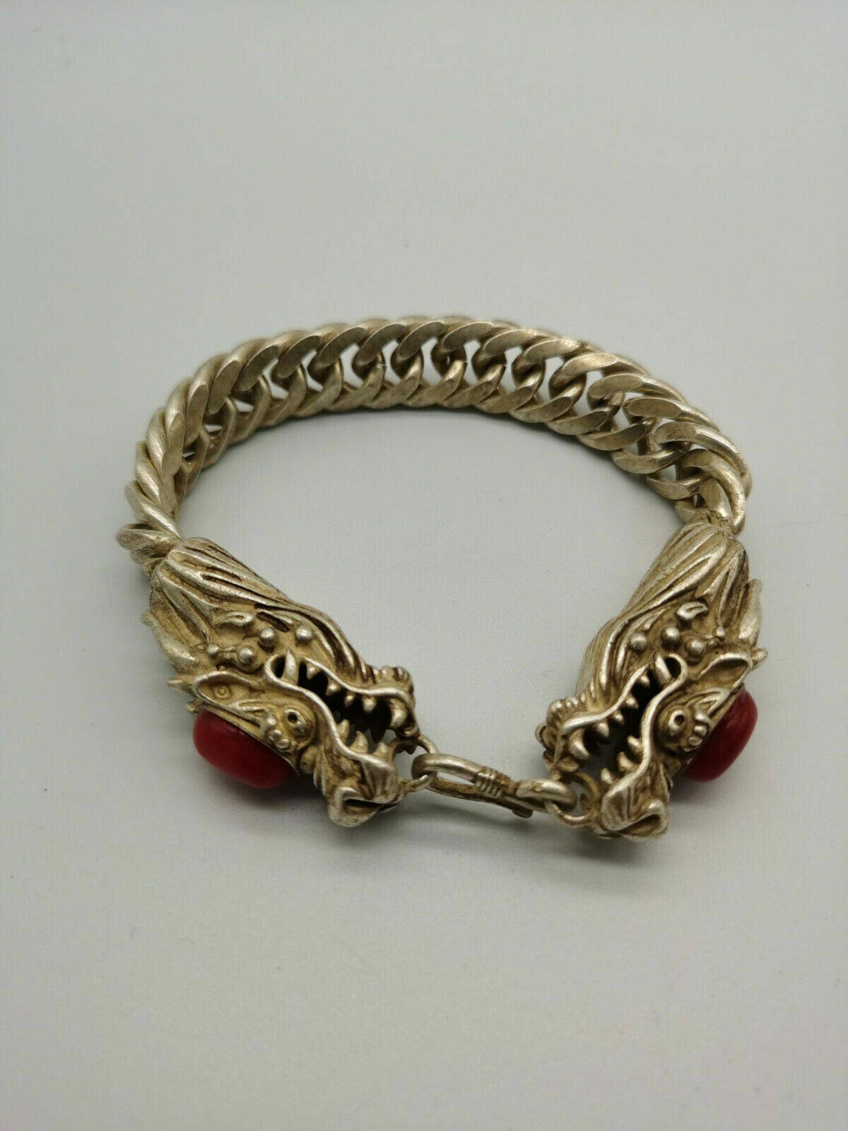 China Old Tibetan Silver Inlaid with red jade Dragon Bracelet