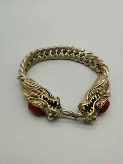 China Old Tibetan Silver Inlaid with red jade Dragon Bracelet