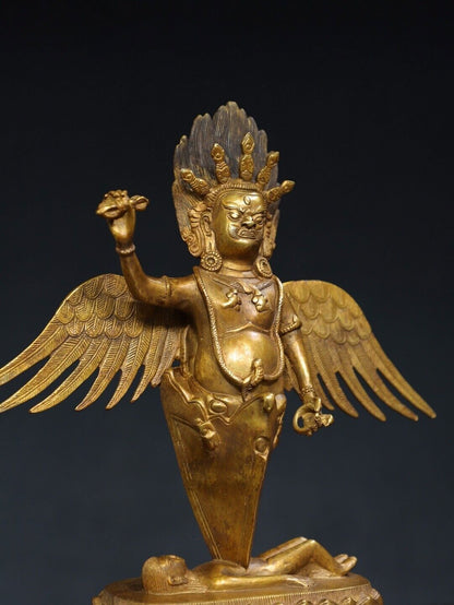 11.2"Bronze gilt Redpoll Winged Garuda Bird Eagle Buddha Vajra King Kong statue