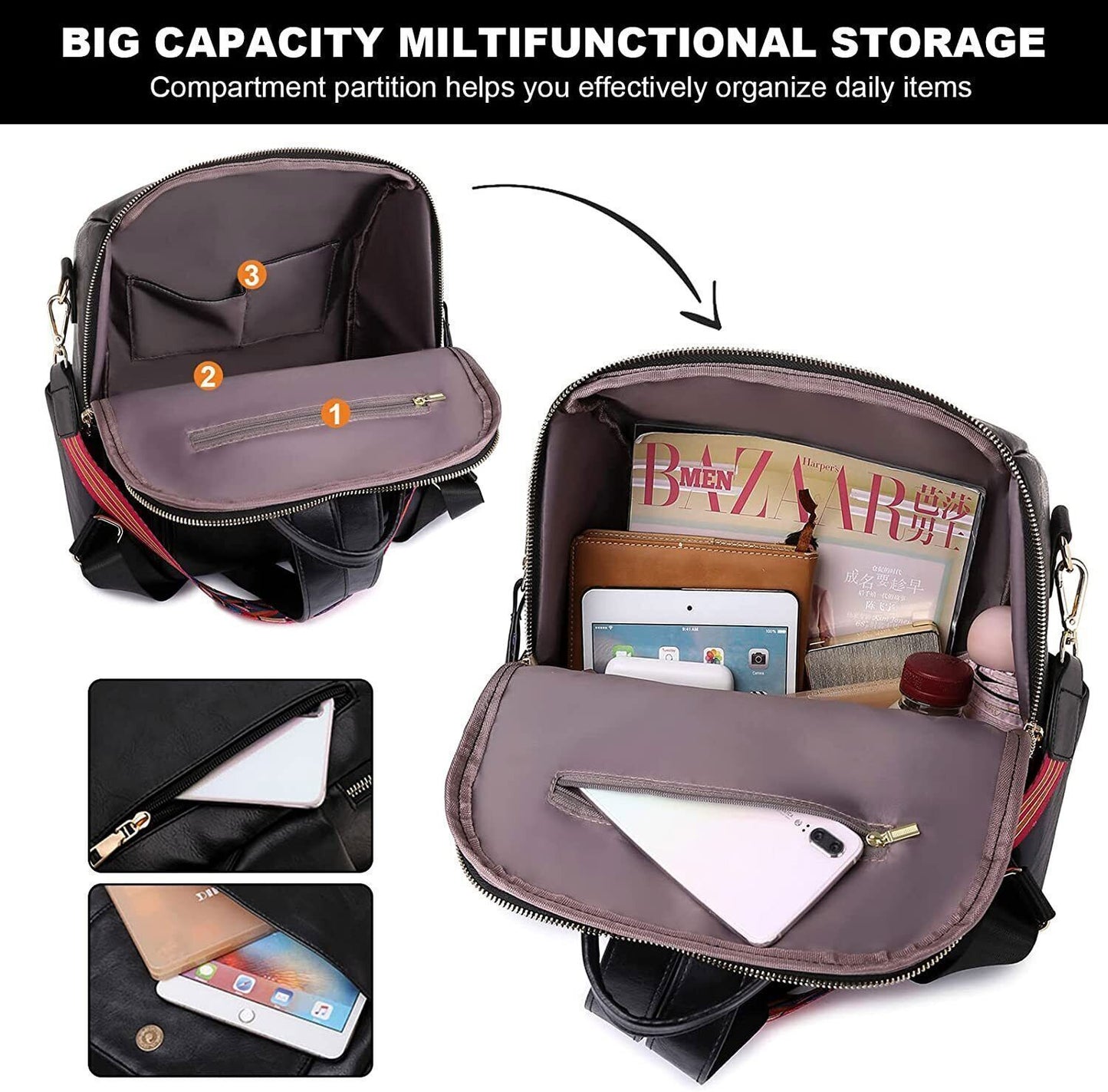Women's PU Leather Vintage Backpacks Travel Satchel Large Capacity Bag