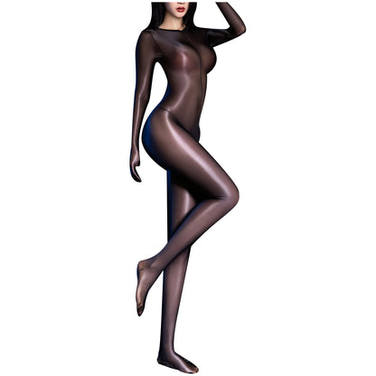 US Women's Bodysuit Oil Shiny Glossy Lingerie See-Through Sheer Hollow Catsuit