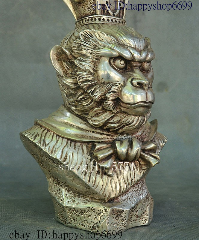 9" Chinese Silver Famous Xiyouji Monkey King Sun Wukong Wu Kong Head Bust Statue