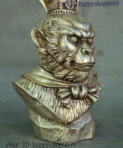 9" Chinese Silver Famous Xiyouji Monkey King Sun Wukong Wu Kong Head Bust Statue