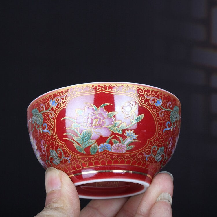 3.3" Chinese Qing Famille Rose Porcelain Ji Red Glaze Lotus Flower Branch Pot