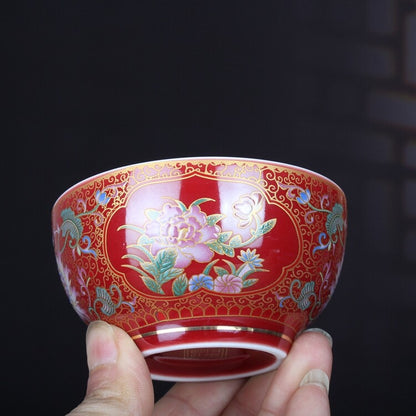 3.3" Chinese Qing Famille Rose Porcelain Ji Red Glaze Lotus Flower Branch Pot
