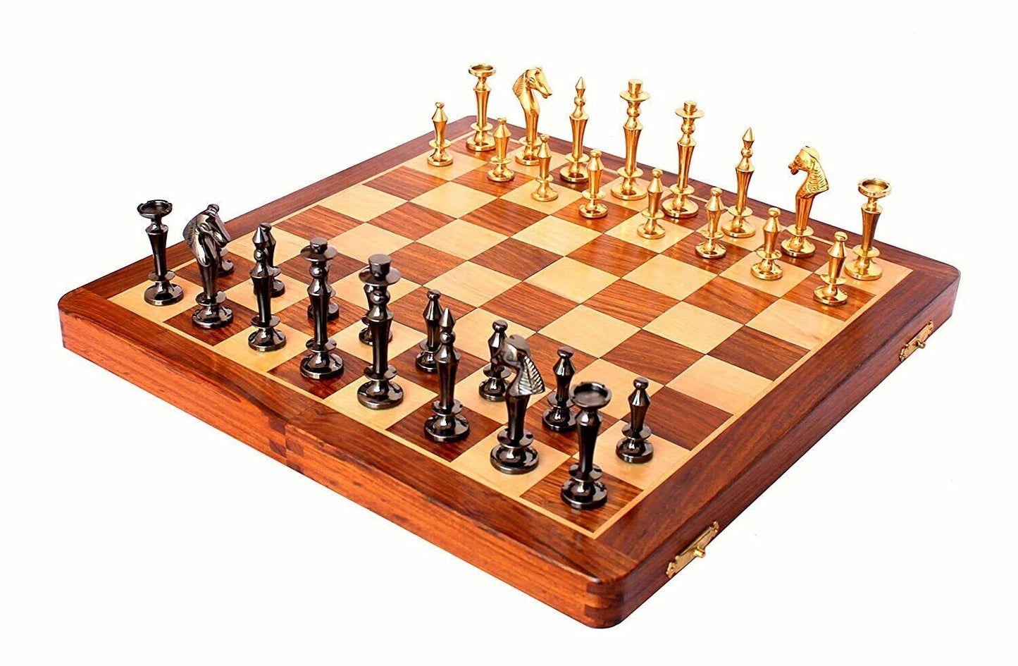 Folding Wooden Handmade Antique Chess Set Board with Brass Pieces 14" x 14"