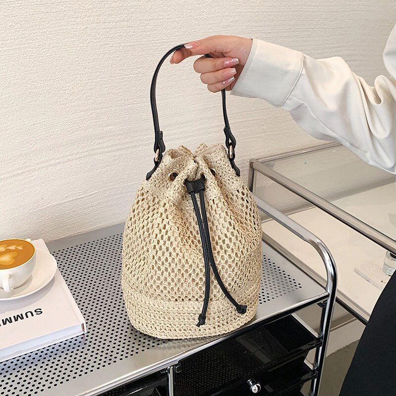 Drawstring Straw Bucket Bag Woven Shoulder Purse Handbag Polyester Crossbody Bag