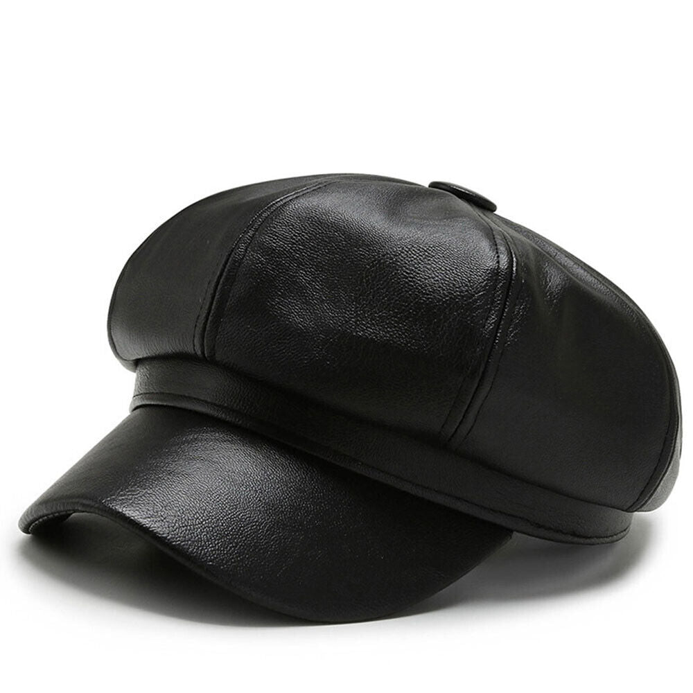 Womens Octagonal Cap PU Leather Cap Duck Tongue Cap Beret Fashion Winter Hat