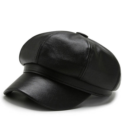 Womens Octagonal Cap PU Leather Cap Duck Tongue Cap Beret Fashion Winter Hat