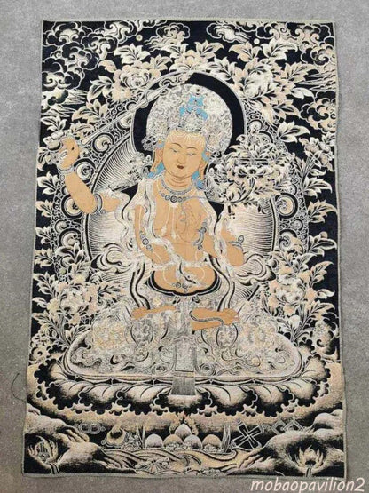 Retro Brocade Craft Thangka Embroidery Painting Caishen Buddha Tangka