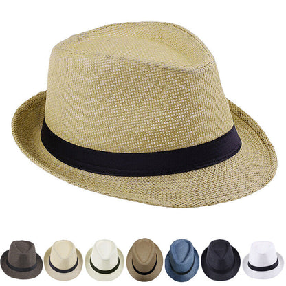 Men Women Straw Jazz Fedora Hat Trilby Cuban Sun Cap Panama Short Brim Summer*US