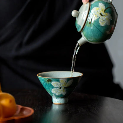 Chinese Style Ice Cracked Tea Set Teacup Hand Painted Lotus Art Teacup