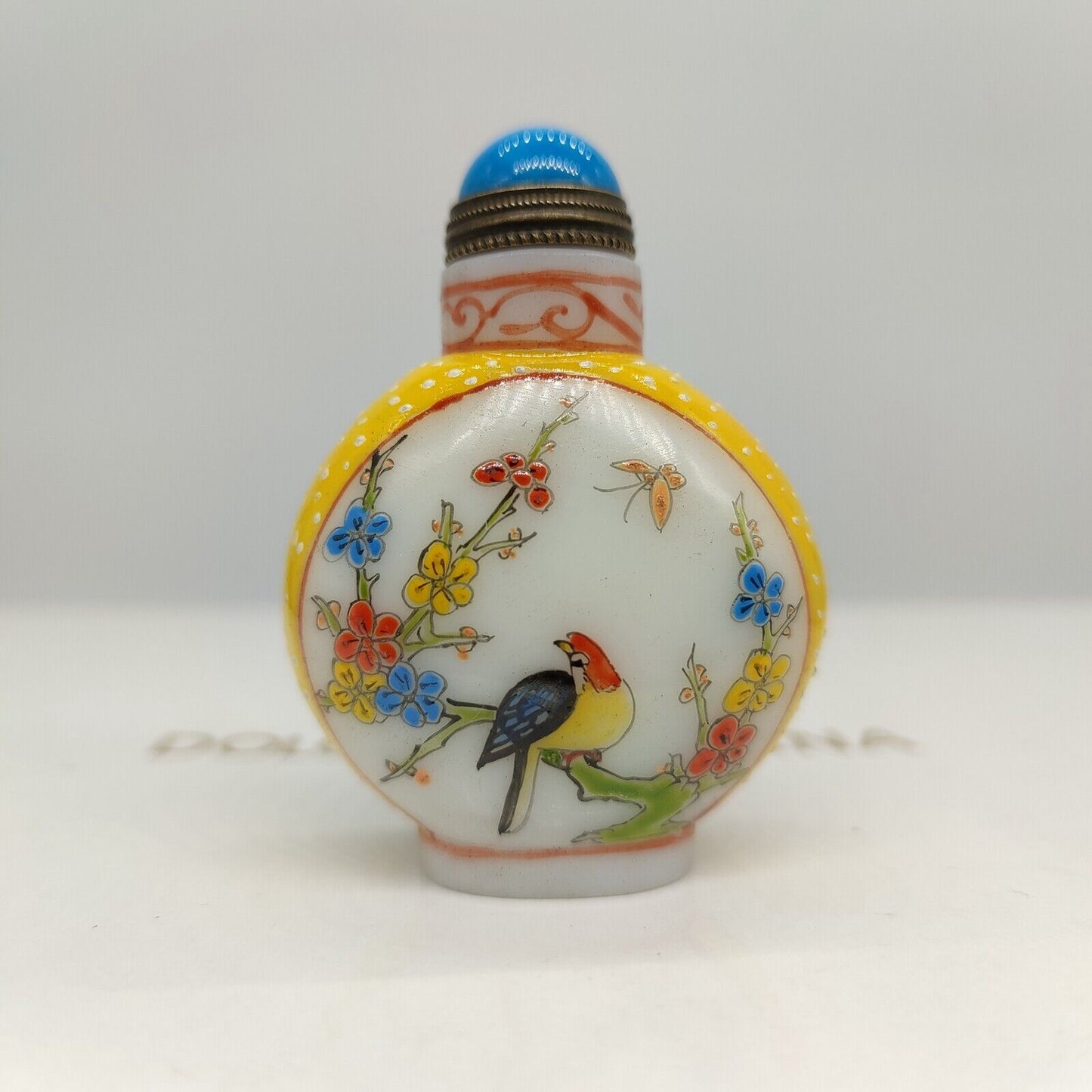 vintage chinese peking glass snuff bottle painted bird flower signed Liuli gift