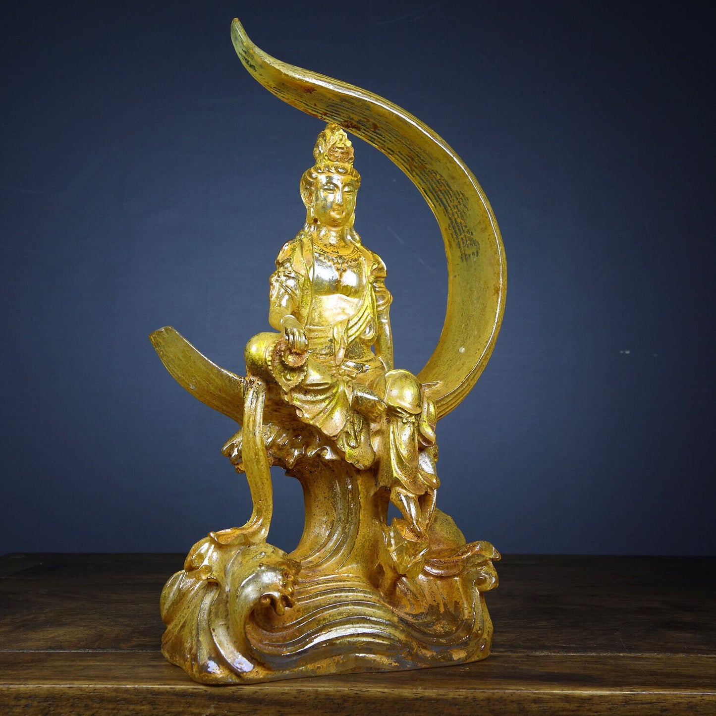 Chinese old Colored glaze（Liuli）gilt painted Yellow water moon Guanyin statue