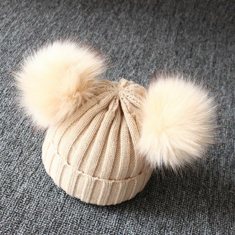 Knit Hat Newborn Baby Kid Girls Boys Winter Warm Furry Balls Pompom Solid Lovely