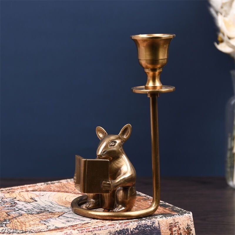 Brass Mouse Reading Book Candlestick Art Decor Style Candle Holder