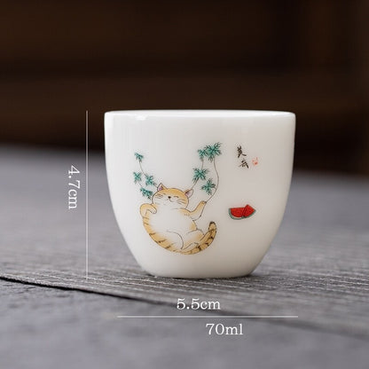 One Cup Fat Mutton Jade Porcelain Tea Cup Love Cat Print Kungfu Tea Cup 70ml New