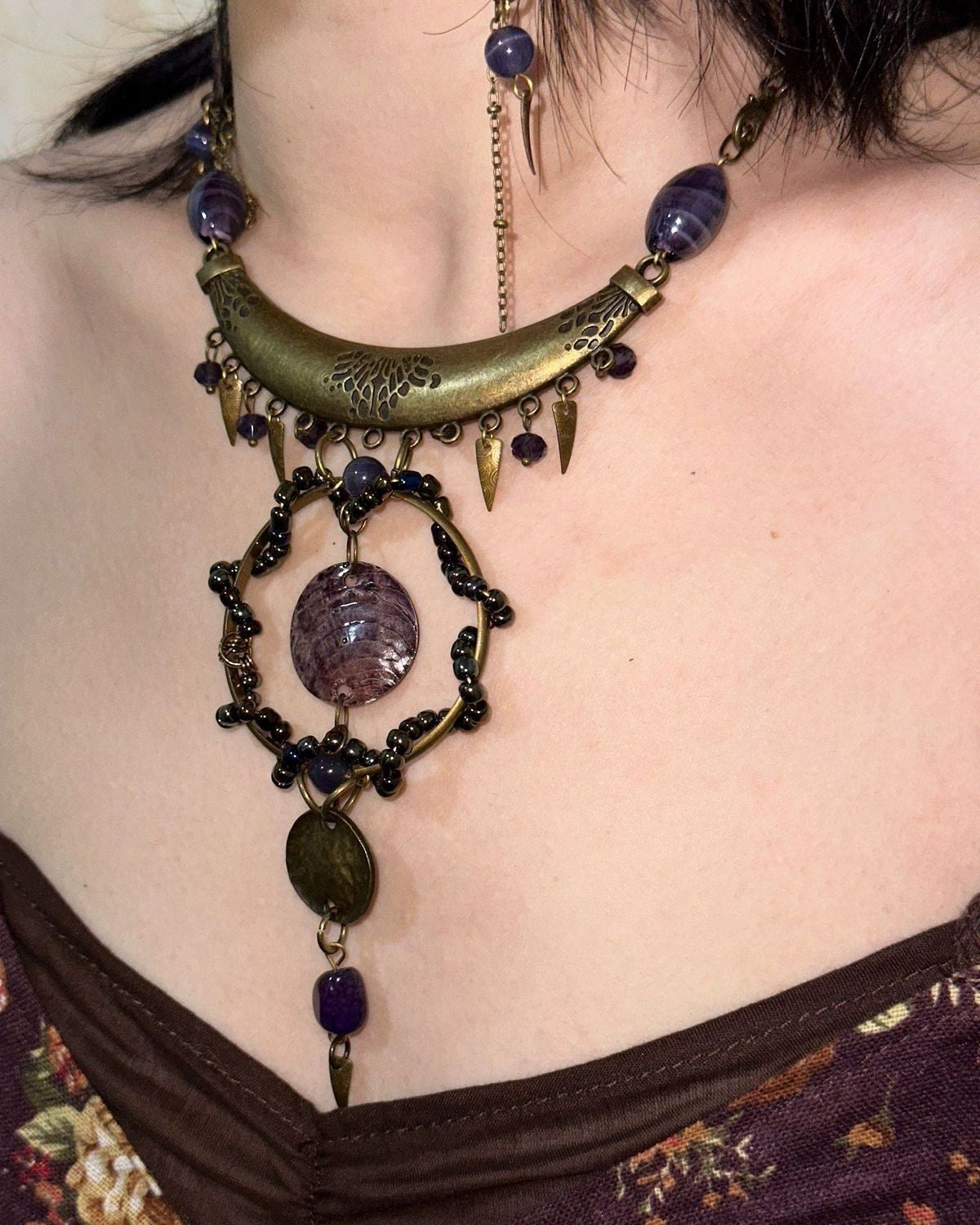 Botang Vintage Shell Purple Stone Necklace Aged Bronze Retro Choker Jewelry