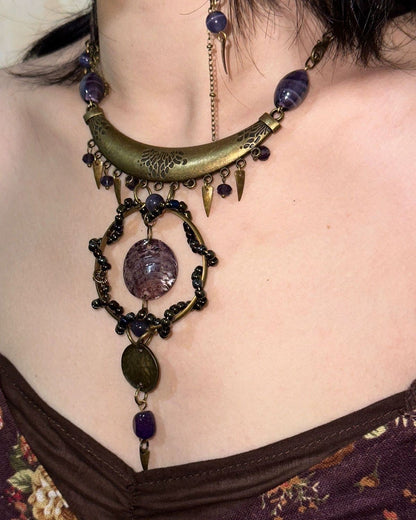 Botang Vintage Shell Purple Stone Necklace Aged Bronze Retro Choker Jewelry