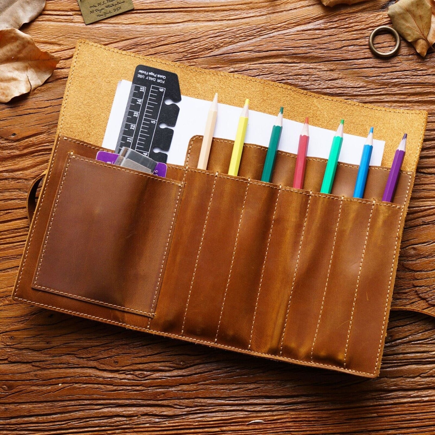 Handmade Cowhide Leather Pen Pouch Vintage Roll-up Pencil Case Bag Pen Curtain