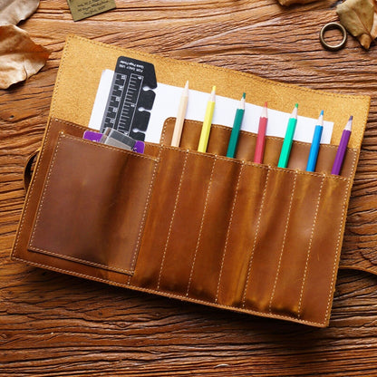 Handmade Cowhide Leather Pen Pouch Vintage Roll-up Pencil Case Bag Pen Curtain