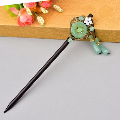 Vintage Ebony Hair Stick Green Jade Tassel Hairpin For Hanfu Cheongsam