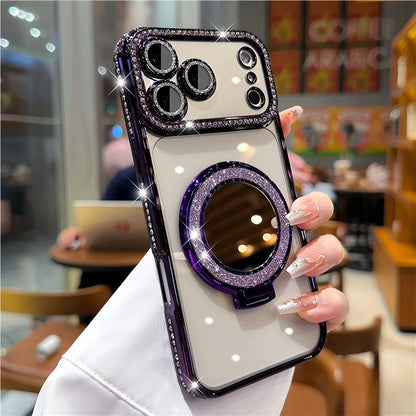 Luxury Rhinestone Magnetic Stand Silicone Case for iPhone 17/16/15/14/13/12/11
