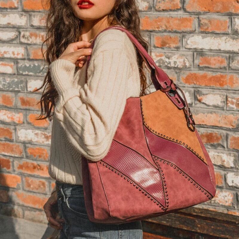 Celela Women Color-block Studs Tote Shoulder Crossbody Bag Handbag Purse GU