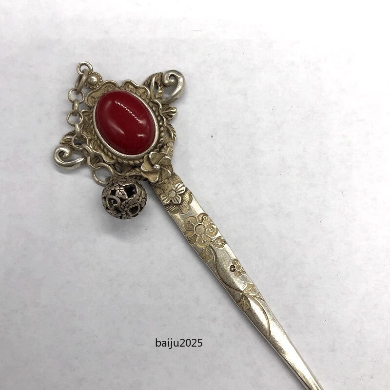 Red Jade Inlaid Old Tibetan Silver Hairpin,Chinese Old Craft Made