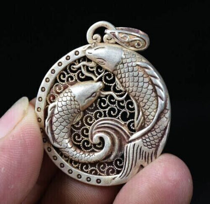 4CM Rare Old China Miao Silver Feng Shui Double Fish Pendant Amulet Necklace