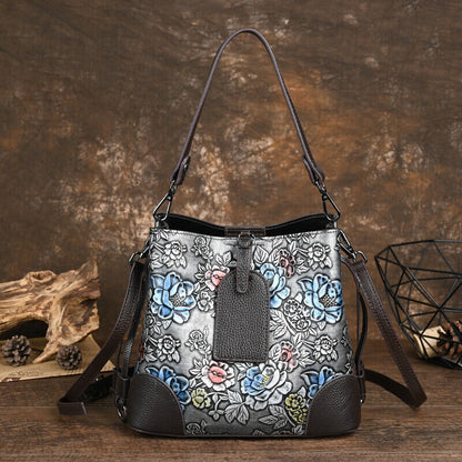 Vintage Women's Hi-Q Genuine Leather Handbags Embossed Designer Shoulder Bags