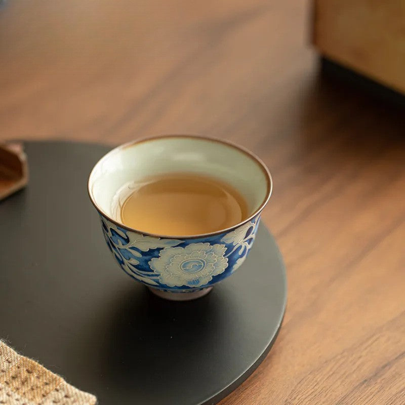 120ml Ceramic Ru Kiln Peony Teacup Tea Bowl Tea-tasting Fragrance Cup Master Cup