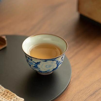 120ml Ceramic Ru Kiln Peony Teacup Tea Bowl Tea-tasting Fragrance Cup Master Cup