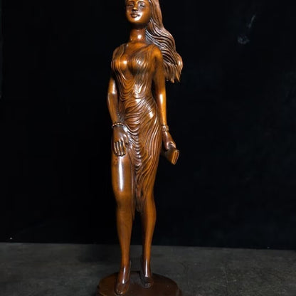 8.7" Old Boxwood Carved Beauty Lady Girl Statue Figurine Model Artwork Collect