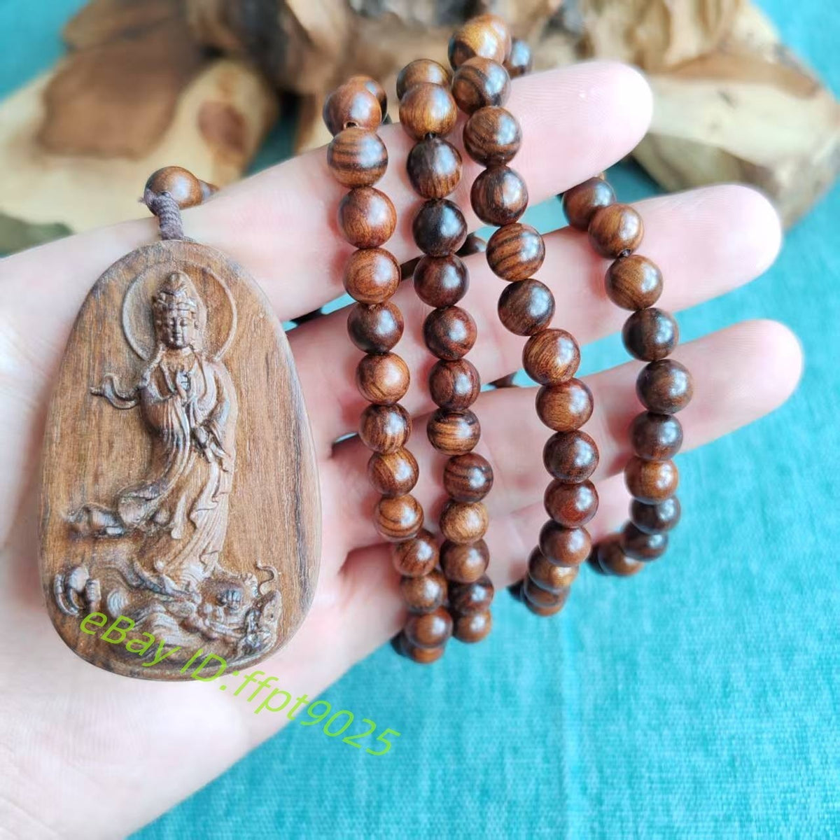 108 Natural Wood Prayer Beads Necklace Guanyin Carving Pendant Blessing Jewelry