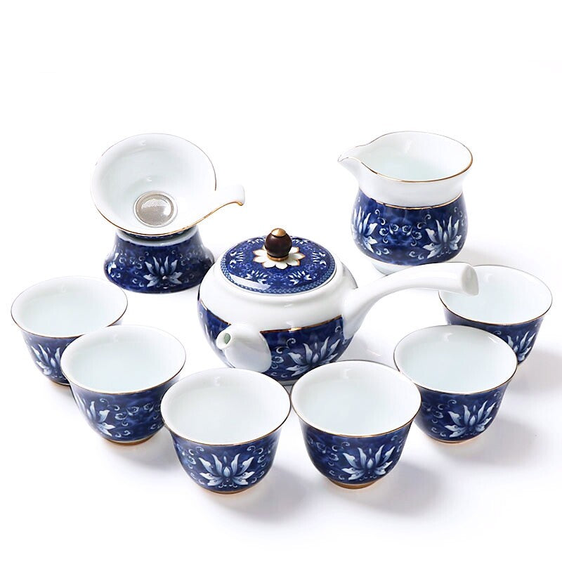 Complete Tea Set Blue-and-white Porcelain Tea Pot Gaiwan Matching Cup Filter Net