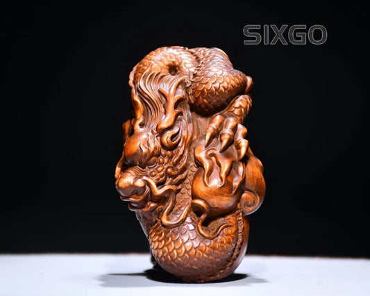 Chinese Collection Hand Carved Boxwood Wood Dragon Statue hand piece