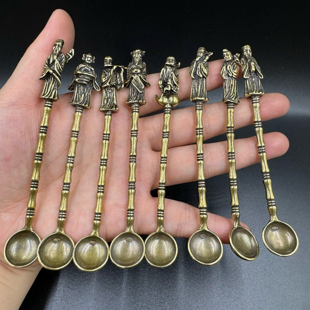 Brass Eight Immortals Spoon Set 8pcs 95g Mini Chinese Medicine Spoon Decor