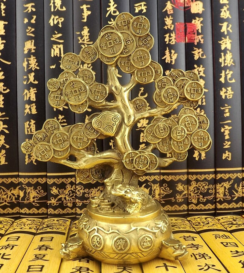 Brass Old Chinese Coin Tree Statue Feng Shui Wealth Money Toad Statue Decor
