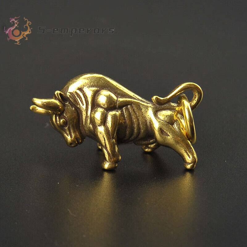 Pure Brass Bull Keychain Pendant Ring Hanging Ornament Miniature Tea Pet Craft