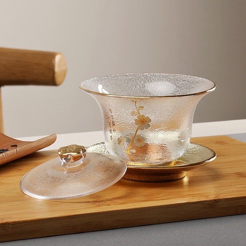 Creative Gaiwan Glass Tureen Sancai Bowl Cup Saucer Lid Teaware Floral Print New