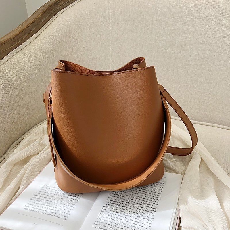 2pcs/set Leather Handbags Casual Tote Black Bucket Women Shoulder Crossbody Bag