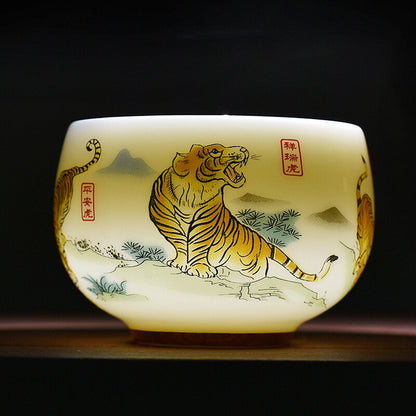 3.38" Mutton Jade Porcelain Tea Cup Mascot Tiger Print Under Glaze Master Cup