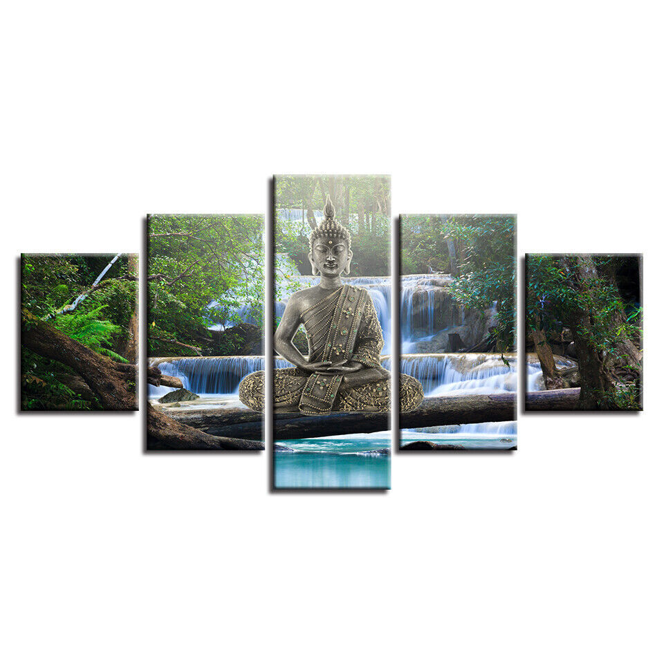 Buddha Meditation Statue Waterfall Scenery Canvas Prints Painting Wall Art Decor