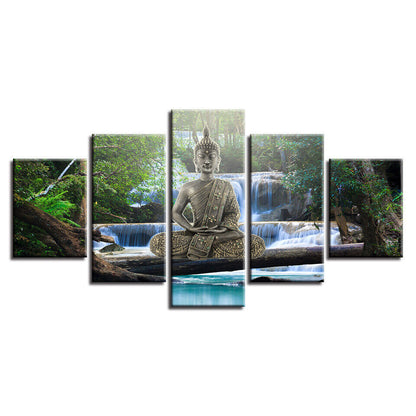 Buddha Meditation Statue Waterfall Scenery Canvas Prints Painting Wall Art Decor