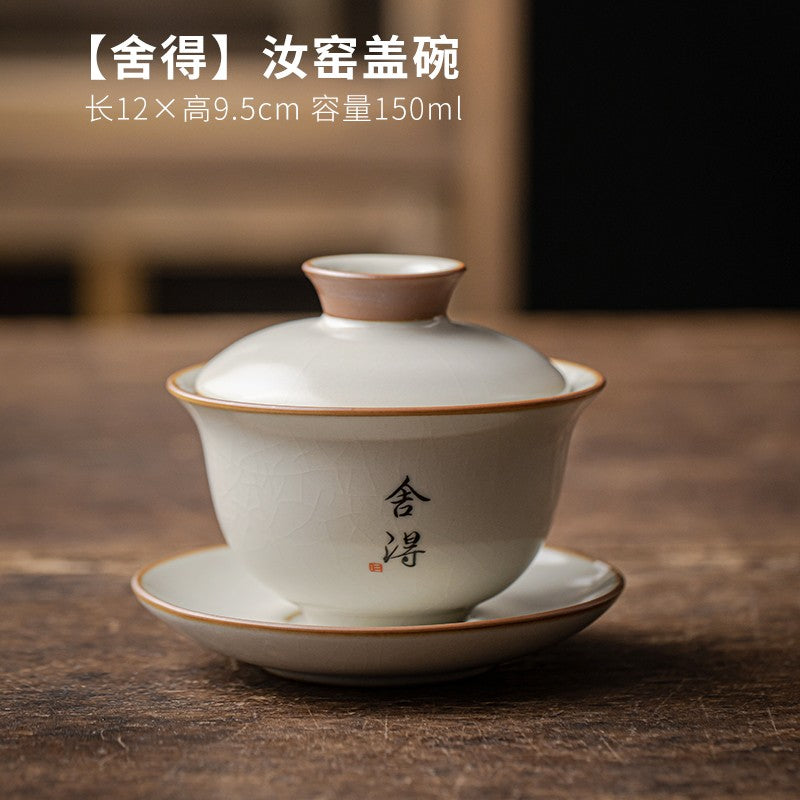 Ru Kiln Three Cai Gaiwan Ceramic Tea Bowl Tea Set Handwriting