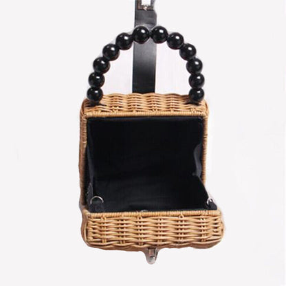 Summer New Straw Rattan Bag for Women Beaded Handle Seaside Beach Crossbody Bag