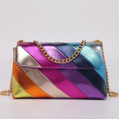 Rainbow Stitching Synthetic Handbag Metallic Chain Strap Crossbody Bag 27*9*17CM