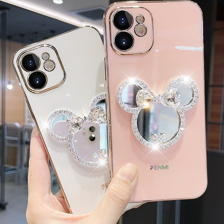 For iPhone 17 Pro Max/16/15 Cute Bling Mirror Holder Phone Case w/Chain 8 color